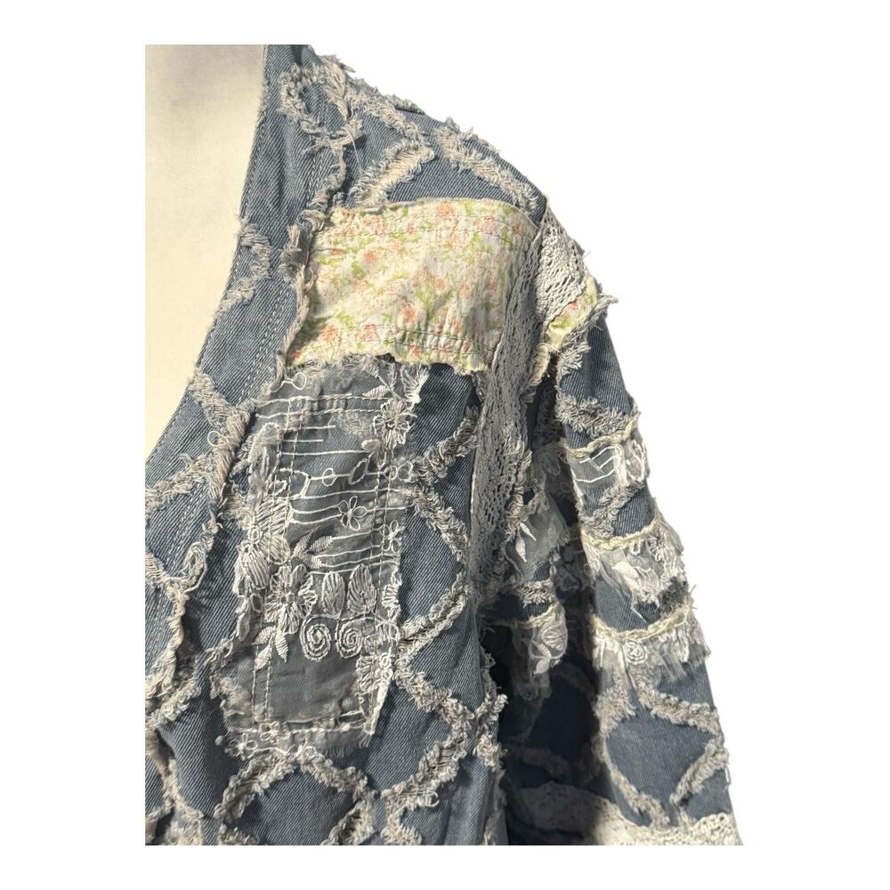 POL Premium Womens Small Blue Denim Long Duster Lace Patchwork Boho Oversized‎ - Picture 5 of 16